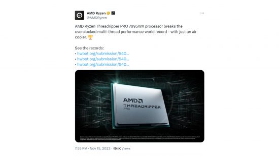 AMD Ryzen Threadripper Pro 7995WX CPU Cinebench: a tweet from the official AMD account discussing its new CPU's performance while overclocked.